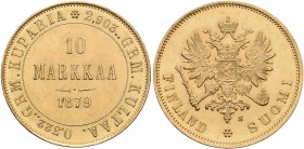 Finnland: unter russischer Herrschaft, Alexander II. 1855-1881: 10 Markkaa 1879 S, Gold 900, 3,22 g, Friedberg 4 winz. Kratzer, vorzüglich.
 [plus 0 ...