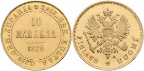 Finnland: unter russischer Herrschaft, Alexander II. 1855-1881: 10 Markkaa 1879 S, Gold 900, 3,22 g, Friedberg 4, winz. Kratzer, vorzüglich.
 [plus 0...