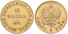 Finnland: unter russischer Herrschaft, Alexander II. 1855-1881: 10 Markkaa 1881 S, Gold 900, 3,22 g, Friedberg 5, min.. Kratzer, vorzüglich.
 [plus 0...