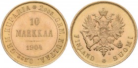 Finnland: unter russischer Herrschaft, Nikolaus II. 1894-1917: 10 Markkaa 1904 L, Gold 900, 3,22 g, Friedberg 6, Auflage: 102 Tsd. Exemplare, vorzügli...