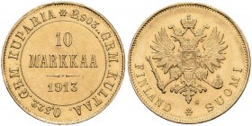 Finnland: unter russischer Herrschaft, Nikolaus II. 1894-1917: 10 Markkaa 1913 S, Gold 900, 3,22 g, Friedberg 6, winz. Kratzer, vorzüglich.
 [plus 0 ...
