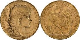 Frankreich: Dritte Republik 1871-1940: 20 Francs 1909 (Hahn / Marianne). 6,46 g, 900/1000 Gold. Friedberg 596a, KM# 857. Vorzüglich.
 [plus 0 % VAT]