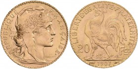 Frankreich: 20 Francs 1907, Gold 900/1000, 6,45 g, Friedberg 596a, winz. Kratzer, vorzüglich-Stempelglanz.
 [plus 0 % VAT]