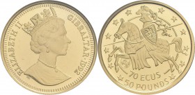 Gibraltar: Lot 2 Stück, 50 Pounds zu 70 Ecus 1992 ( 1 x Beiz: Stuttgarter Wappen + 1 x Beiz. Olympische Fackel ), Gold 999, je 6,22 g, Auflage je Vari...