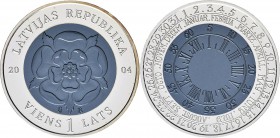 Lettland: 1 Lats 2004 Niob Coin of Time. KM# 62. In Dose, Etui mit Zertifikat. Auflage nur 5.000 Stück, sehr selten.
 [taxed under margin system]