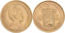 Niederlande: Wilhelmina 1890-1948: 10 Gulden 1912, KM# 149, Friedberg 349, 6,70 g, 900/1000 Gold, feine Kratzer, sehr schön - vorzüglich.
 [plus 0 % ...