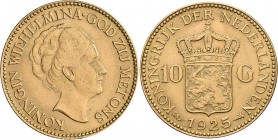 Niederlande: Wilhelmina 1890-1948: 10 Gulden 1925, KM# 162, Friedberg 351, 6,70 g, 900/1000 Gold, Stempelbruch, Kratzer, sehr schön.
 [plus 0 % VAT]