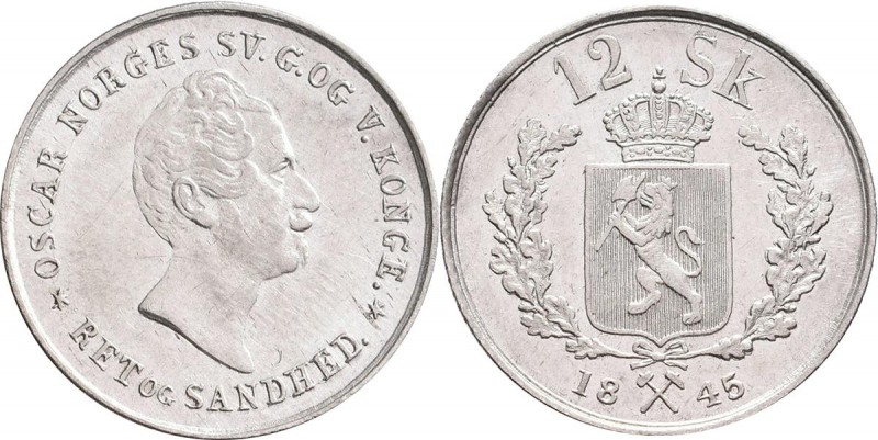 Norwegen: Oskar I. 1844-1859: 12 Skilling 1845, KM# 314.1, vorzüglich.
 [plus 1...