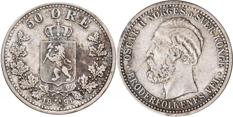Norwegen: Oskar II. 1872-1905: 50 Öre (øre) 1891, Silber, KM# 365, dazu Haakon V...