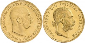 Österreich: Franz Joseph I. 1848-1916: Lot 2 Goldmünzen: 20 Kronen 1915 (NP), KM# 2818, Friedberg 509R, 6,78 g, 900/1000 Gold, 1 Dukat 1915 (NP), KM# ...