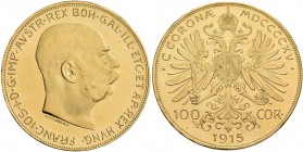 Österreich: Franz Joseph I. 1848-1916: 100 Kronen 1915 (NP), Friedberg 507R. 33,83 g, 900/1000 Gold. vorzüglich.
 [plus 0 % VAT]
