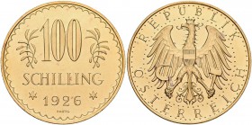 Österreich: Erste Republik 1918-1938: 100 Schilling 1926. KM# 2857, Friedberg 520, 23,52 g, 900/1000 Gold, feine Haarlinien, geprägt mit polierten Ste...