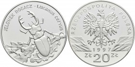 Polen: 20 Zloty 1997 Hirschkäfer / Jelonek Rogacz / Lucanus Cervus. KM Y# 330. 925/1000 Silber. Auflage lediglich 15.000 Stück, sehr selten. In Kapsel...