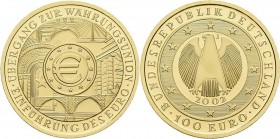 Deutschland: 2 x 100 Euro 2002 Währungsunion (F,J), in Originalkapsel und Etui, mit Zertifikat, Jaeger 493. Jede Münze wiegt 15,55 g, 999/1000 Gold. S...