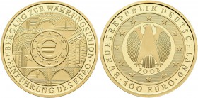Deutschland: 2 x 100 Euro 2002 Währungsunion (A,D), in Originalkapsel und Etui, mit Zertifikat, Jaeger 493. Jede Münze wiegt 15,55 g, 999/1000 Gold. S...