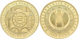 Deutschland: 200 Euro 2002 G (Karlsruhe), Währungsunion, Jaeger 494, in Originalkapsel und Etui, mit Zertifikat. 1 OZ (31,1 g) 999/1000 Gold.
 [plus ...