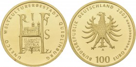 Deutschland: 2 x 100 Euro 2003 Quedlinburg (A,A), in Originalkapsel und Etui, mit Zertifikat, Jaeger 502. Jede Münze wiegt 15,55 g, 999/1000 Gold. Ste...