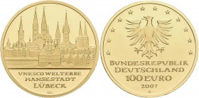 Deutschland: 3 x 100 Euro 2007 Hansestadt Lübeck (A,G,J), in Originalkapsel und Etui, mit Zertifikat, Jaeger 531. Jede Münze wiegt 15,55 g, 999/1000 G...