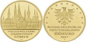 Deutschland: 2 x 100 Euro 2007 Hansestadt Lübeck (A,A), in Originalkapsel und Etui, mit Zertifikat, Jaeger 531. Jede Münze wiegt 15,55 g, 999/1000 Gol...
