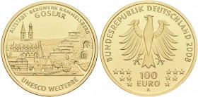 Deutschland: 3 x 100 Euro 2008 Altstadt Goslar (A,D,G), in Originalkapsel und Etui, mit Zertifikat, Jaeger 538. Jede Münze wiegt 15,55 g, 999/1000 Gol...