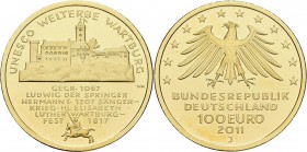 Deutschland: 5 x 100 Euro 2011 Wartburg (A,D,F,G,J), in Originalkapsel und Etui, mit Zertifikat, Jaeger 566. Jede Münze wiegt 15,55 g, 999/1000 Gold. ...