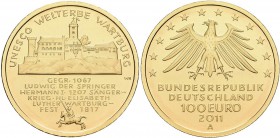 Deutschland: 3 x 100 Euro 2011 Wartburg (A,D,G), in Originalkapsel und Etui, mit Zertifikat, Jaeger 566. Jede Münze wiegt 15,55 g, 999/1000 Gold. Stem...