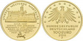 Deutschland: 2 x 100 Euro 2011 Wartburg (F,G), in Originalkapsel und Etui, mit Zertifikat, Jaeger 566. Jede Münze wiegt 15,55 g, 999/1000 Gold. Stempe...