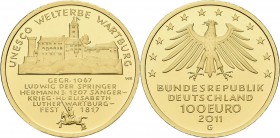 Deutschland: 100 Euro 2011 Wartburg G - Karlsruhe. In Originalkapsel und Etui, mit Zertifikat, Jaeger 566. 15,55 g, 999/1000 Gold. Stempelglanz.
 [pl...
