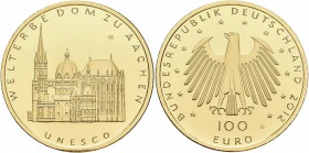 Deutschland: 2 x 100 Euro 2012 Dom zu Aachen (D,G), in Originalkapsel und Etui, mit Zertifikat, Jaeger 574. Jede Münze wiegt 15,55 g, 999/1000 Gold. S...
