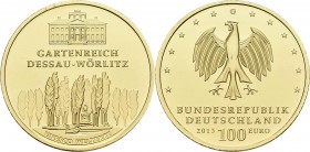 Deutschland: 3 x 100 Euro 2013 Gartenreich Dessau-Wörltiz (F,G,J) in Originalkapsel, mit Zertifikat und Etui, Jaeger 582, Jede Münze wiegt 15,55 g, 99...