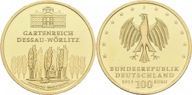 Deutschland: 100 Euro 2013 Gartenreich Dessau-Wörlitz (J), in Originalkapsel und Etui, mit Zertifikat, Jaeger 582. 15,55 g, 999/1000 Gold. Stempelglan...