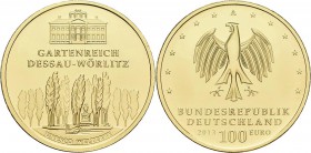 Deutschland: 100 Euro 2013 Gartenreich Dessau-Wörlitz (A - Berlin), in Originalkapsel und Etui, mit Zertifikat, Jaeger 582. 15,55 g, 999/1000 Gold. St...