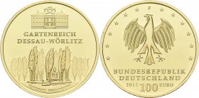 Deutschland: 100 Euro 2013 Gartenreich Dessau-Wörlitz (F - Stuttgart), in Originalkapsel und Etui, mit Zertifikat, Jaeger 582. 15,55 g, 999/1000 Gold....