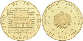 Deutschland: 2 x 100 Euro 2014 Kloster Lorsch (G,J), in Originalkapsel und Etui, mit Zertifikat, Jaeger 591. Jede Münze wiegt 15,55 g, 999/1000 Gold. ...