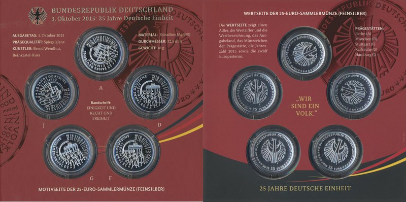 Deutschland: Lot 2 x 25-Euro-Sammlermünzenset 2015: 25 Jahre Deutsche Einheit. J...