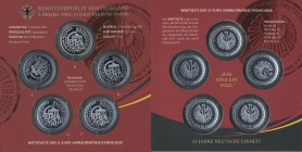 Deutschland: 25-Euro-Sammlermünzenset 2015: 25 Jahre Deutsche Einheit. Es beinhaltet 5 x 25 Euro Gedenkmünze (A,D,F,G,J) in der Qualität spiegelglanz....