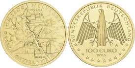 Deutschland: 5 x 100 Euro 2015 Oberes Mittelrheintal (A,D,F,G,J), in Originalkapsel und Etui, mit Zertifikat, Jaeger 602. Jede Münze wiegt 15,55 g, 99...