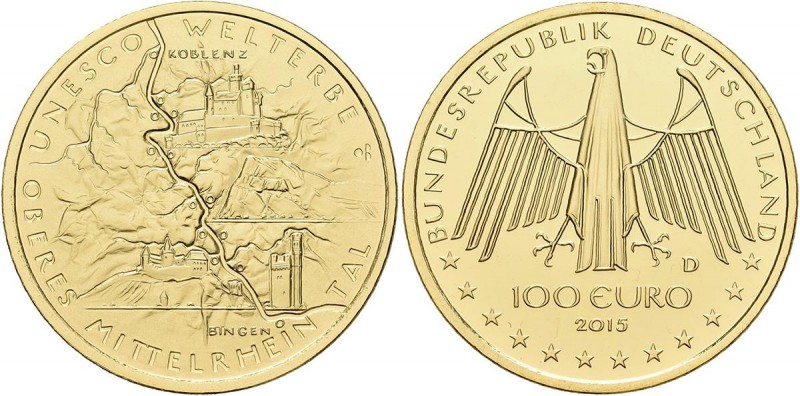 Deutschland: 2 x 100 Euro 2015 Oberes Mittelrhein Tal (D,F), in Originalkapsel u...