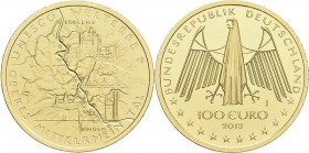 Deutschland: 100 Euro 2015 Oberes Mittelrheintal J - Hamburg. In Originalkapsel und Etui, mit Zertifikat, Jaeger 602. 15,55 g, 999/1000 Gold. Stempelg...