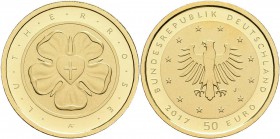 Deutschland: 50 Euro 2017 J (Hamburg) Lutherrose, 7,78 g 999/1000 Gold (1/4 OZ). in Originalkapsel und Etui mit Zertifikat.
 [plus 0 % VAT]