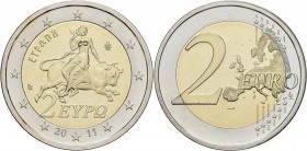 Griechenland: KMS 2011 polierte Platte. 8 Münzen, 1 Cent - 2 Euro. Die Umlaufmünze ”Europa auf Stier” nicht für den Umlauf geprägt, nur für KMS !! Ers...