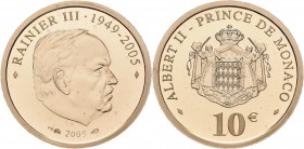 Monaco: Albert II. 2005-,: 10 Euro 2005, Auf den Tod von Fürst Rainer II. mit Regierungsdaten 1949-2005. 3,22 g, 900/1000 Gold. Etui, Zertifikat Nr. 1...