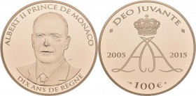 Monaco: Albert II. 2005-,: 100 Euro 2015, 10 Jahre Amtsantritt Fürst Albert II. 32,25 g, 900/1000 Gold. Samtetui, Zertifikat Nr. 263. Auflage nur 499 ...