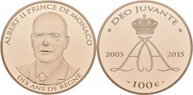 Monaco: Albert II. 2005-,: 100 Euro 2015, 10 Jahre Amtsantritt Fürst Albert II. 32,25 g, 900/1000 Gold. Samtetui, Zertifikat Nr. 282. Auflage nur 499 ...
