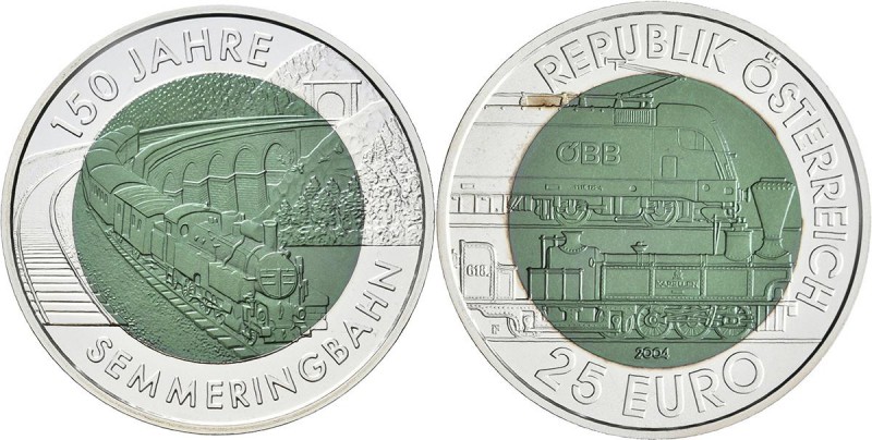 Österreich: 25 Euro 2004 150 Jahre Semmeringbahn. Silber-Niob-Legierung. In Scha...