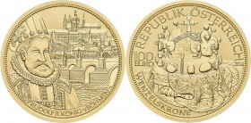 Österreich: 100 Euro 2011 Kronen der Habsburger - Die Wenzelskrone Böhmens. Darstellung von Rudolf II. König von Böhmen, Prager Karlsbrücke, Altstadt ...