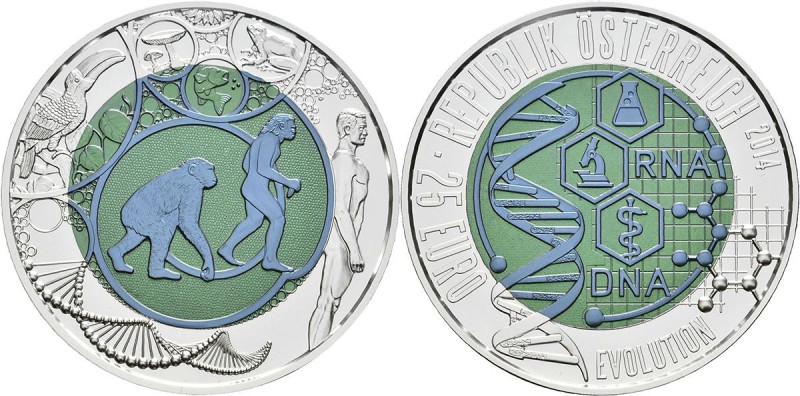 Österreich: Lot 2 Münzen: 25 Euro 2014 Evolution. Silber-Niob-Legierung. In Scha...