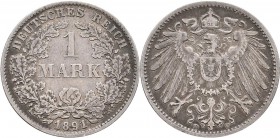 Umlaufmünzen 1 Pf. - 1 Mark: 1 Mark 1891 D, Jaeger 17, äußerst seltener Jahrgang, sehr schön.
 [taxed under margin system]