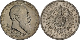 Baden: Friedrich I. 1852-1907: 5 Mark 1902, 50jähriges Regierungsjubiläum, Jaeger 31, feine Kratzer, vorzüglich.
 [taxed under margin system]