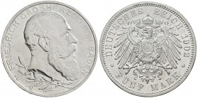 Baden: Friedrich I. 1852-1907: 5 Mark 1902, 50jähriges Regierungsjubiläum, Jaeger 31, Kratzer auf av., ansonsten vorzüglich bis stempelglanz.
 [taxed...